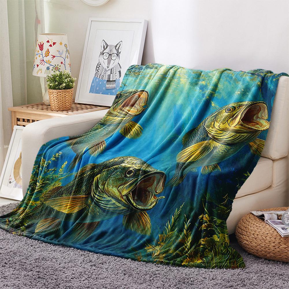 Flanelová deka s potiskem ryb, Vysoce kvalitní, Pohodlná pro všechna roční období, Domácí dekorace, Teplo a pohodlí, Perfektní jako vánoční dárky