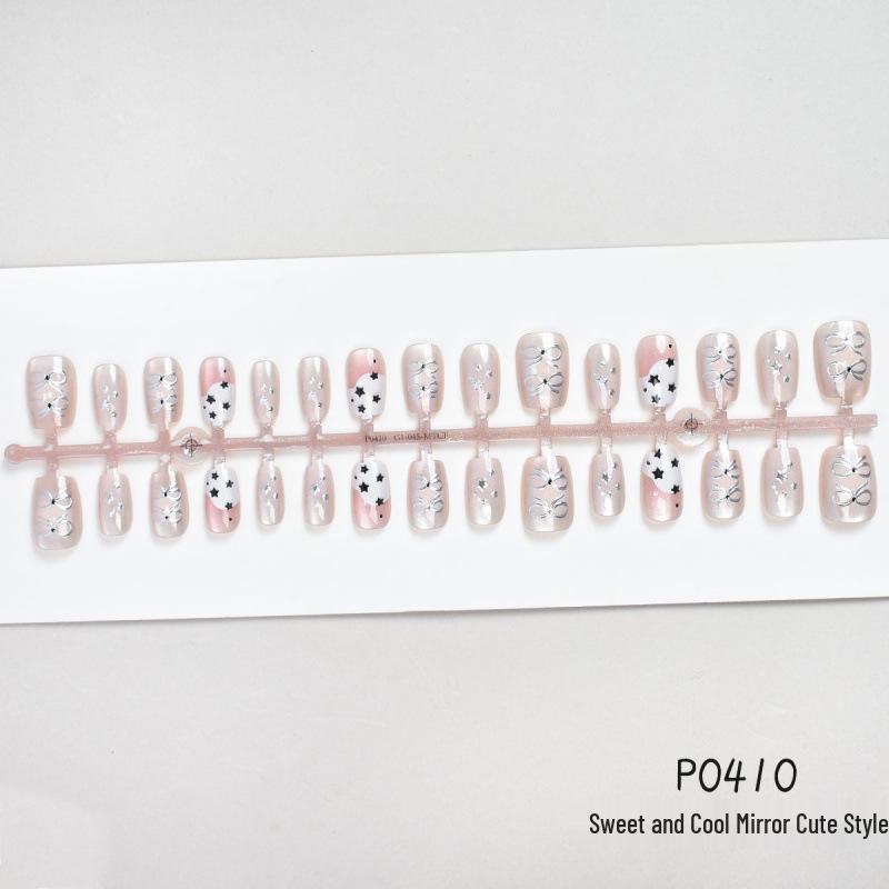 30-Piece Cute Cat Eye Mirror Nail Tips with Bow & Rabbit Cartoon Design - Versatile & Wearable Daily