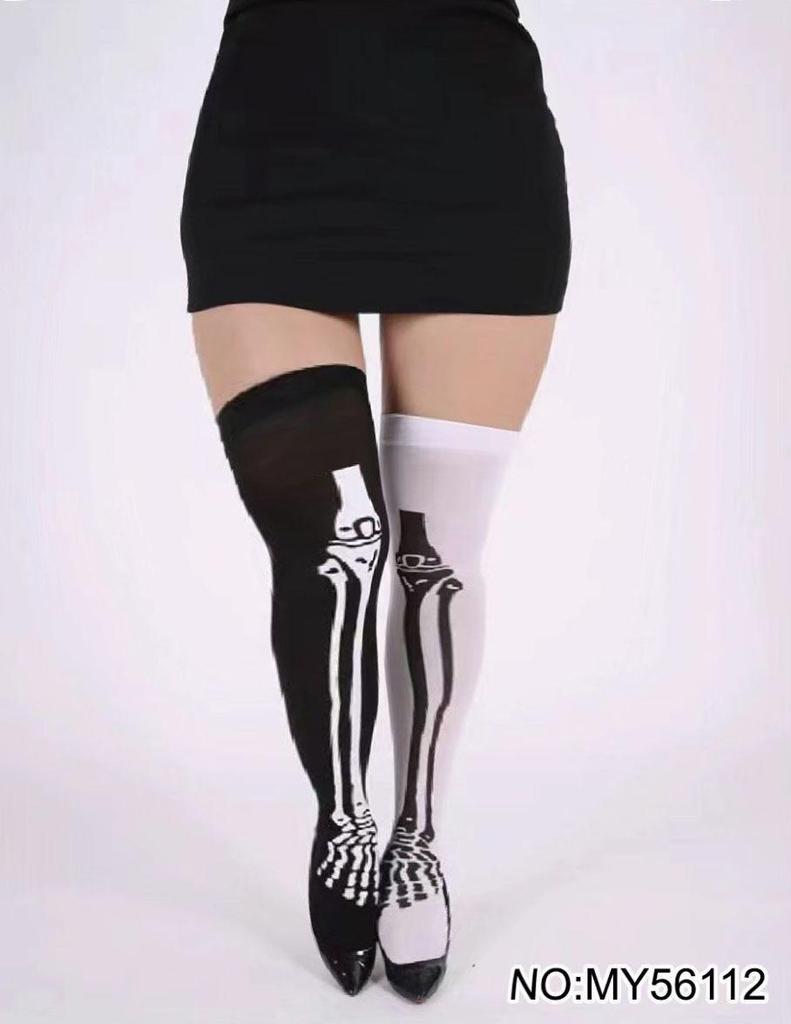 Skull Print Thigh-High Halloween Stockings – Polyester Over-the-Knee Socks