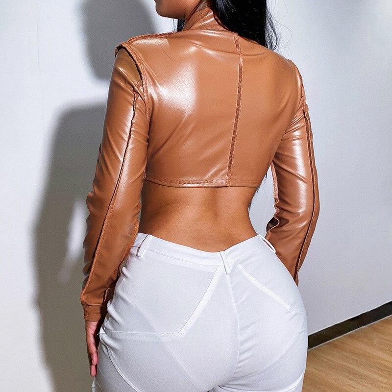 Módní Dlouhý rukáv PU kůže Dámská Podzimní Zimní Bunda Kabát Běžné Krátké Bundy na zip pro Dámské Streetwear Svrchní oděvy