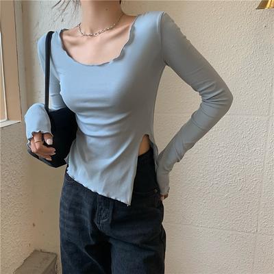Solid Color T-shirt Women Short Irregular Slim Open Long Sleeve with Base Shirt Autumn Slim Top Trend