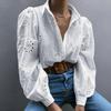 Elegant Loose Fashion Lace Women Shirt Casual Hollow Out Puff Long Sleeve Top Single-breasted Office Blouse Solid Sweet Simple Lapel Women's Clothing