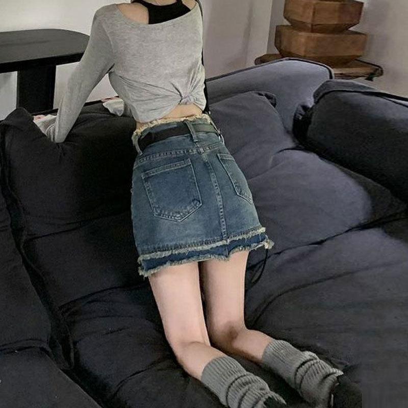 Unique Classic Versatile Youthful Raw Edge Halter Skirt Day High Waist A-line Package Hip Skirt Vintage Ultra Ladies Summer Fashion Denim Short Skirt