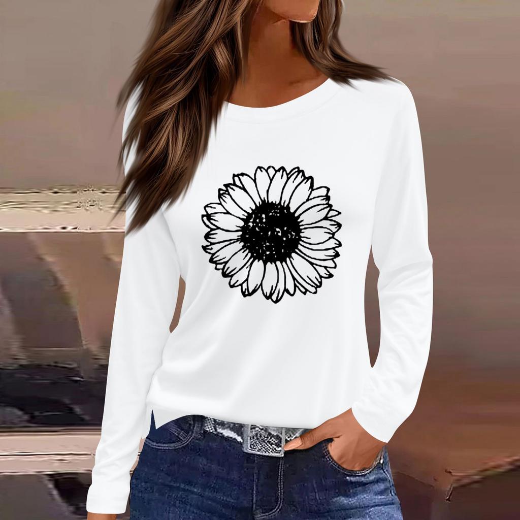 Women's Fashion Casual LongSleeve Print Round Neck Pullover Top Blouse