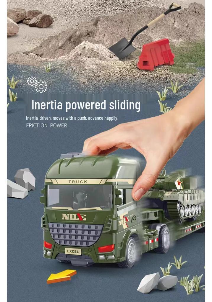Large Flatbed Transport Truck Semi-Trailer Dolly Toy: Children's Inertial Car, Engineering Excavator, Military Vehicle.