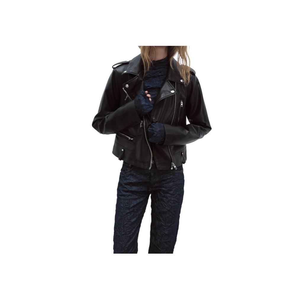 Zara Solid Color Lapel Faux Leather Motorcycle Casual Long Sleeve Jacket Women jackets Black 4341759-800