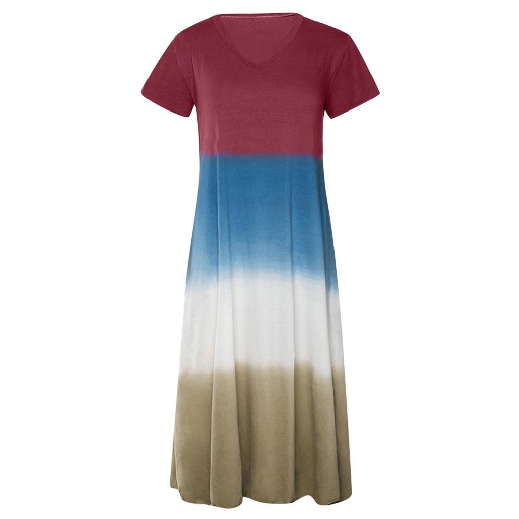 Women's Casual Gradient Color Blocking Print V-Neck Sexy Short-Sleeved Dress