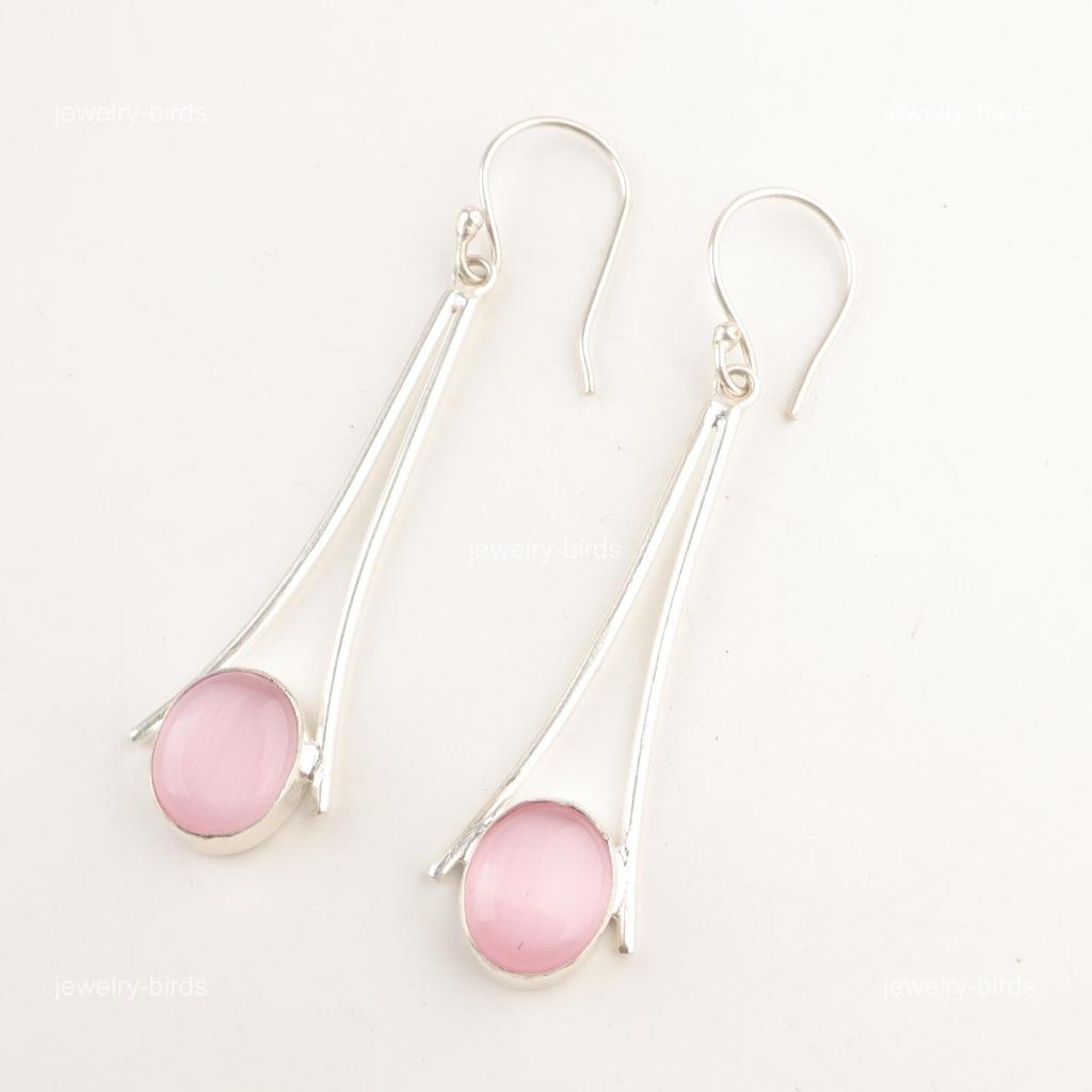 Oval Natural Pink Cat's Eye 925 Silver Hook Dangle Unique Mother Gift Earrings EE-136-40