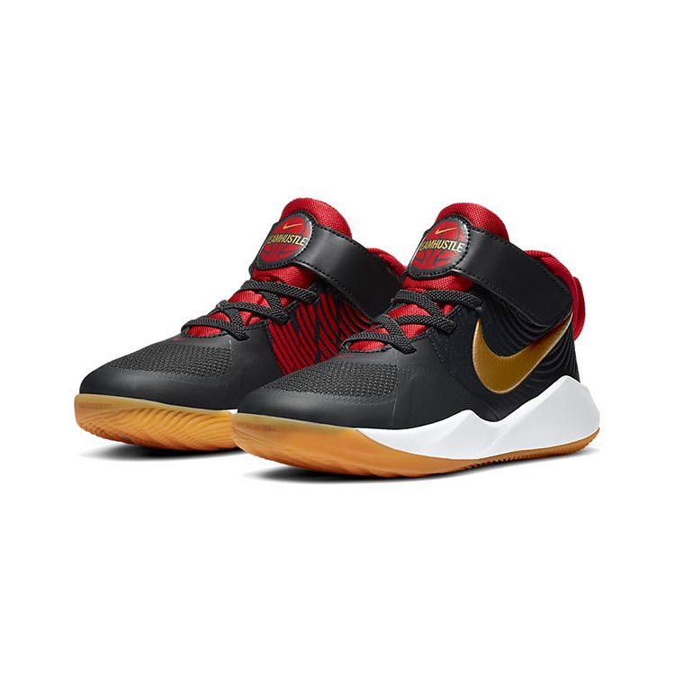 Nike Team Hustle D 9 Textile, Leather Mid Top Basketball Shoes Black Gold Red Children Aged 3 7 Years Old AQ4225-011
