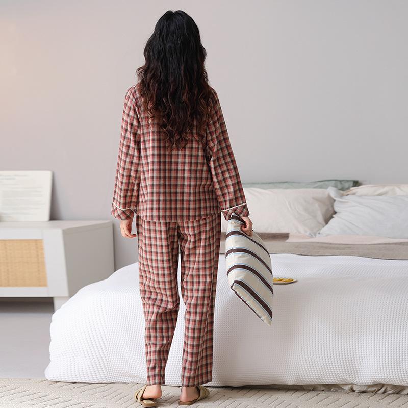 Woven cotton gauze pajamas women's spring and autumn pure cotton long-sleeved 1011 new autumn 100% cotton V-neck loungewear