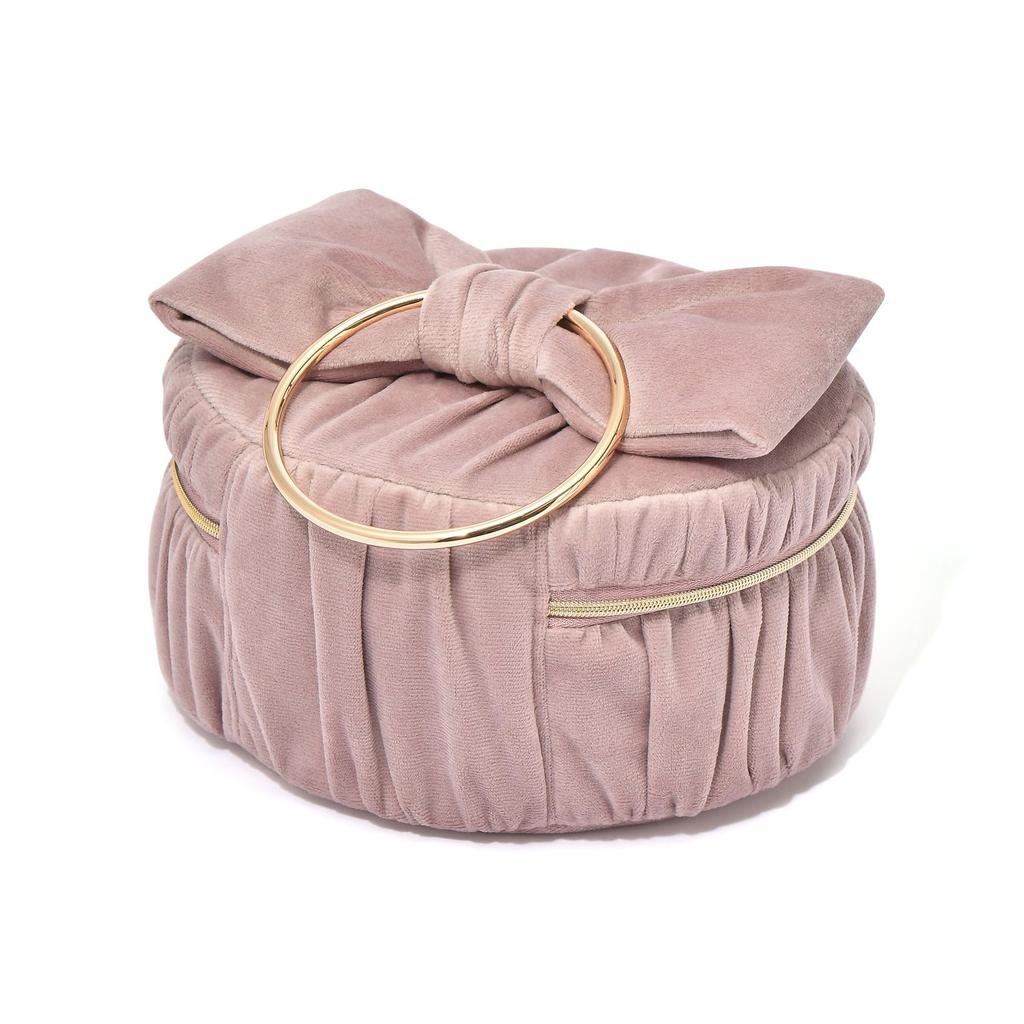 Francfranc Velvet Ribbon Vanity Pouch S Pink with Divider and Cosmetic Makeup Storage Pockets, Box,
