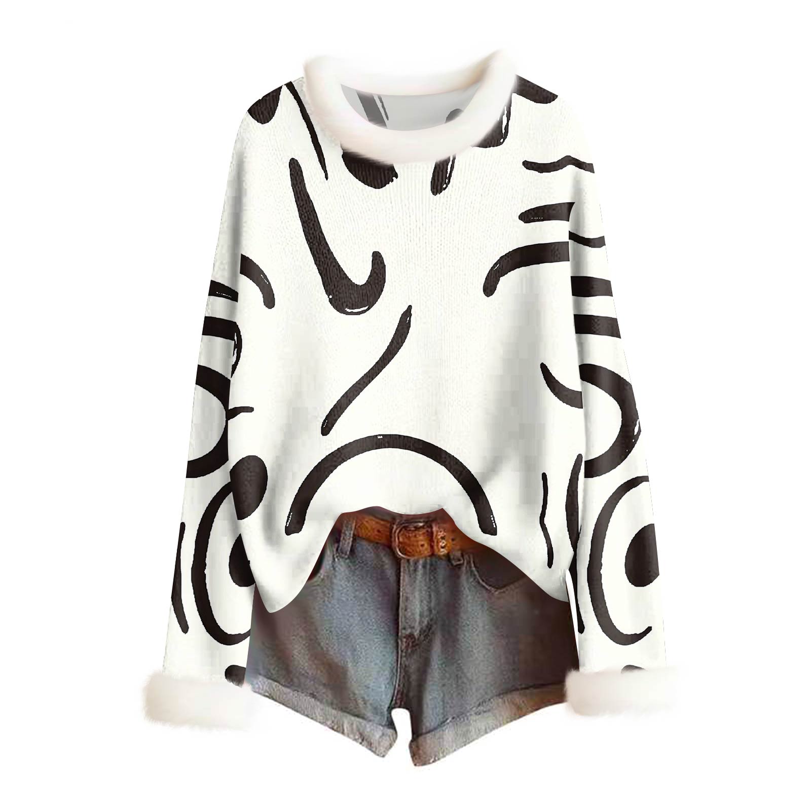 

Женский модный свитер с принтом и шерстяным воротником, повседневный вязаный пуловер с длинными рукавами XL