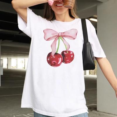 Cherry Bow Print Unisex's Vintage T-Shirt Fashion Cute Cotton Round Neck T-Shirt Short Sleeve  Aesthetic Top Unisex's Clothing