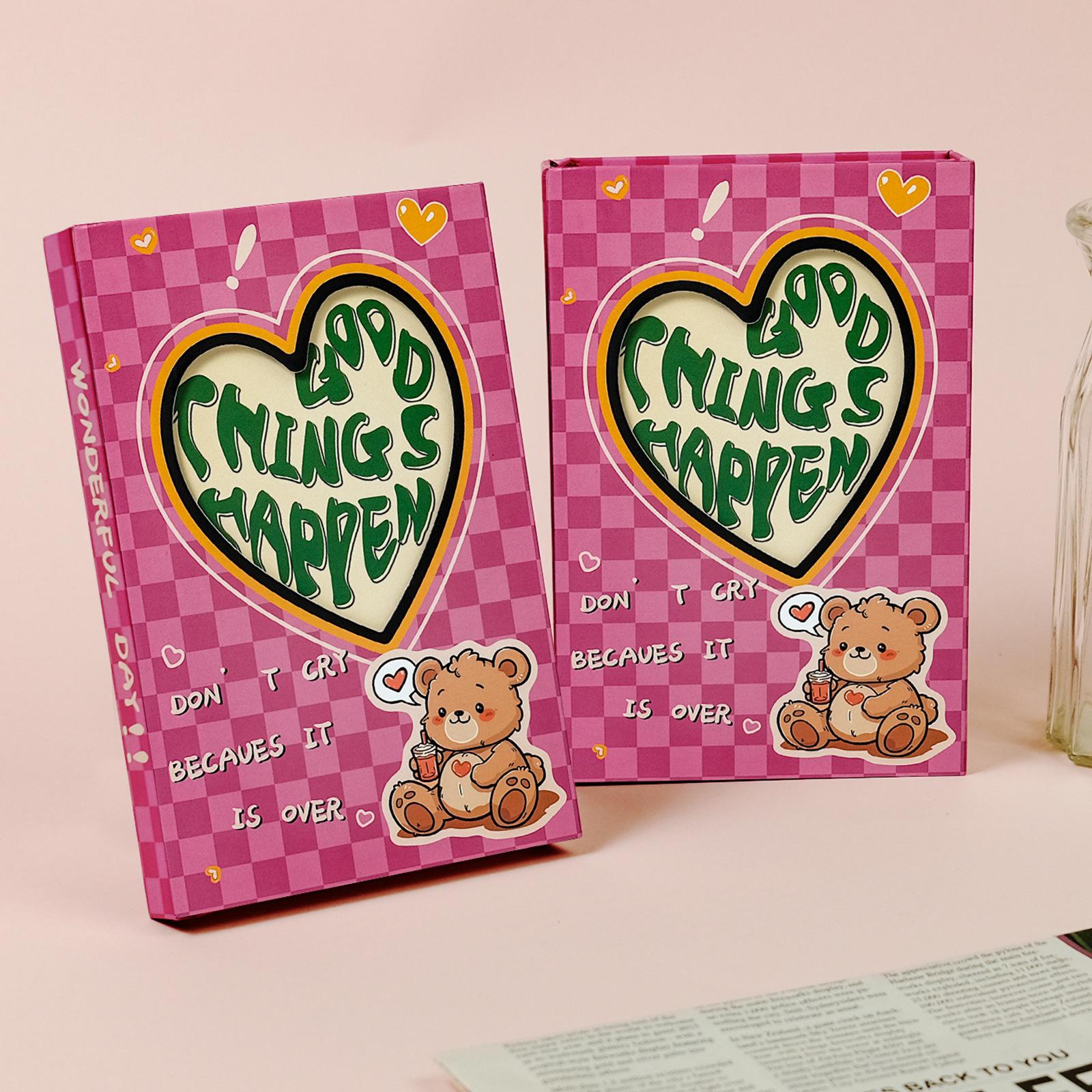 3D Pink Heart Checkered Notebook with Cartoon Bear Cover - Children s Gift Diary