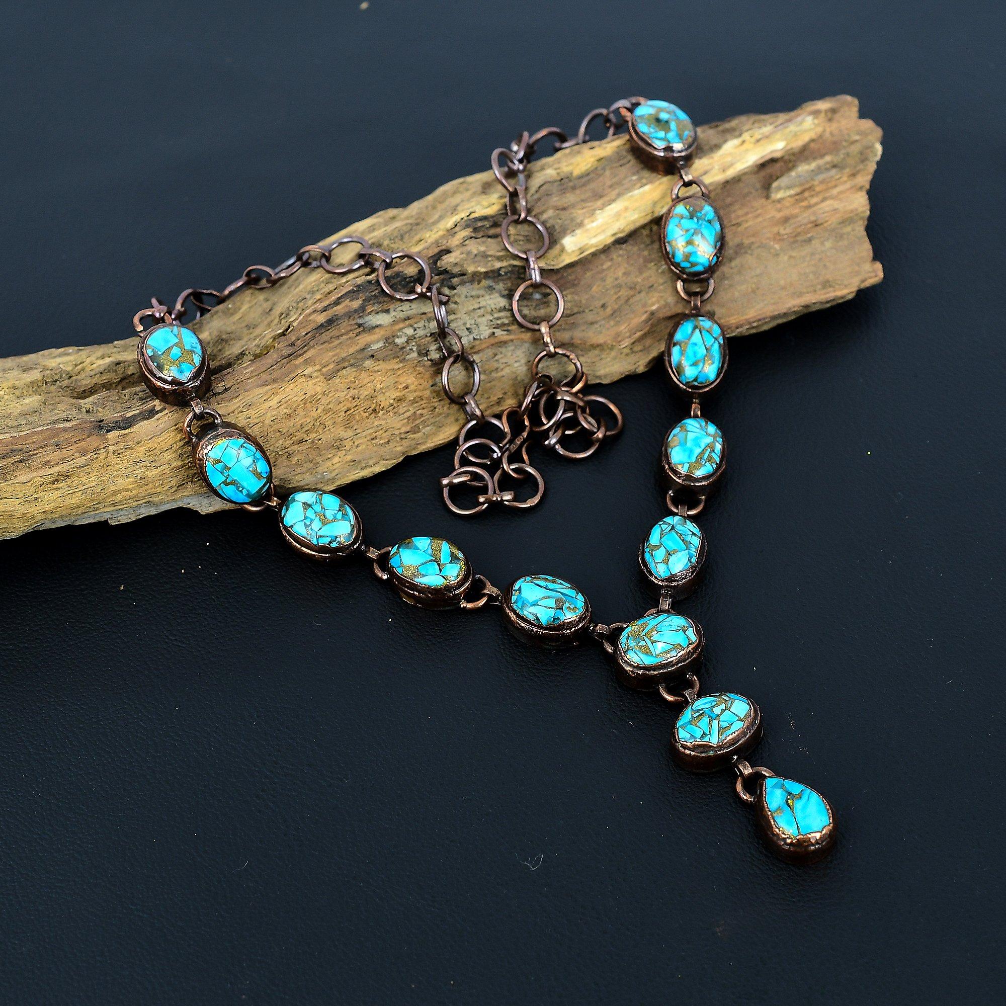 

Blue Copper Turquoise Handmade Gemstone Necklace, Copper Electroformed Necklace Antique Jewelry, For Engagement Gift