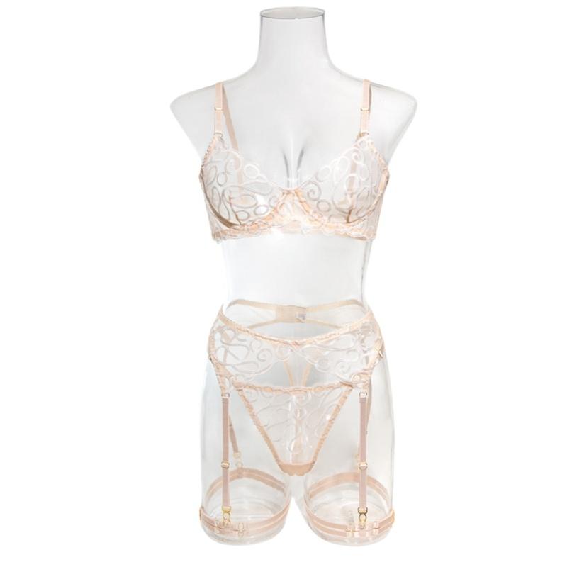 Fancy Irregular Embroidery Lingerie 4 Pcs Sets Sexy Mesh Patchwork See Through Bras And Panties Garter Suits Erotic Set