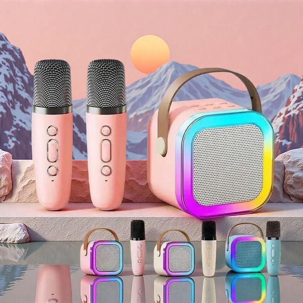 K12 Bluetooth speaker karaoke machine portable speaker system with 2 wireless microphones family family singing children's gif