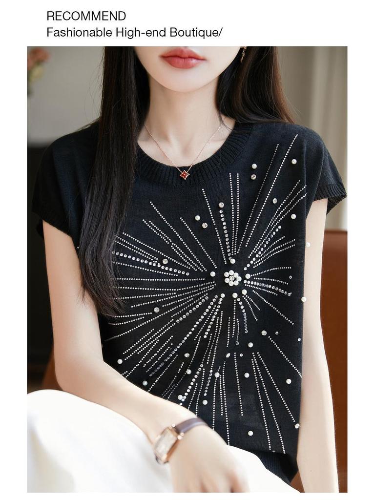 Women's Summer Bamboo Linen Beaded Crew Neck T-Shirt