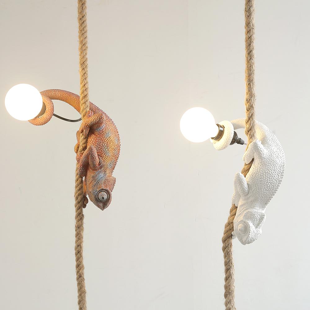Resin White color chameleon Pendant Light For Living Room Hemp Rope Pendant Lamp Art Study Room Led lizard Animal Light Fixtures