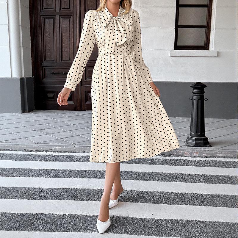 Herbst 2025 Retro Polka-Dot Midi-Kleid mit Schleifenkragen und langen Ärmeln