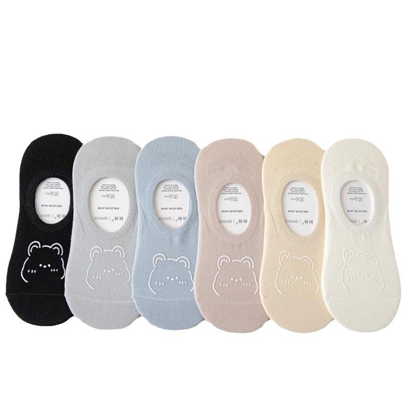 5 Pairs of Women's Anti-slip and Non-drop-off Boat Socks, Summer Thin and Trendy Shallow Anti-slip Silicone Cartoon Bear Invisible Socks