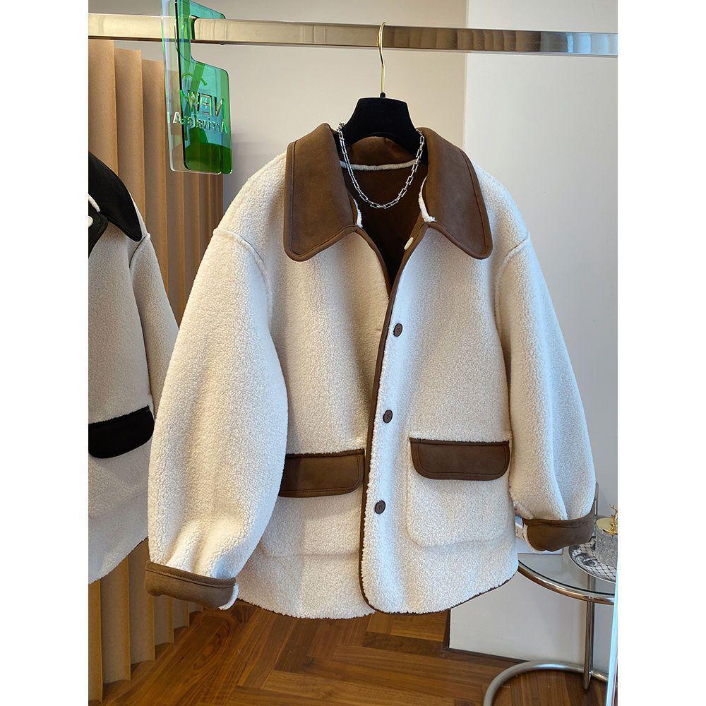 Plus Size Korean Style Reversible Lambswool Coat for Women, High-End Niche, Loose Fit, Lapel, Autumn/Winter