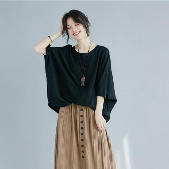 

Лето 2021 Хлопково-льняная футболка летучая мышь большого размера свободного кроя в стиле пэчворк с неровным низом для женщин Plus Size чёрный