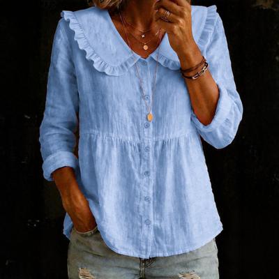 Camisa para Mujer Volantes Solapa Grande Manga Larga Botones Tapeta Camisa Tops Color Puro Corte Holgado Dobladillo de Longitud Media Tops Casuales