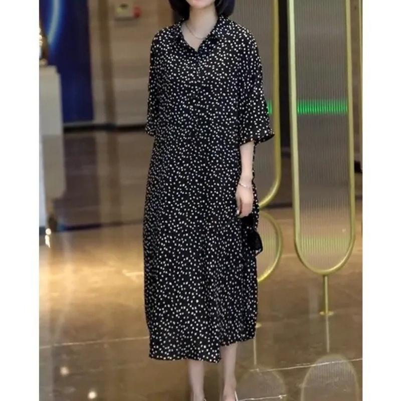 Large Size Fashion Age-reducing Floral Polka Dot Summer Dress Loose Belly Cover Hidden Meat Thin Skirt Classic Black White Dot Wrinkle Resistant Dress