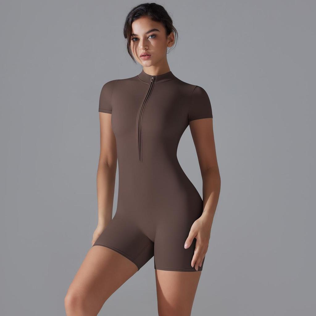 Nude Feel Stand-Up Collar One-Piece Yoga Bodysuit with Half-Zip & Short Sleeves