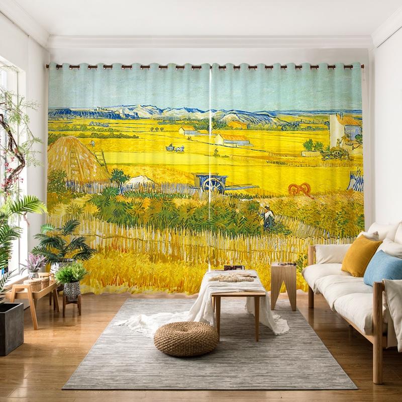 2pcs Van Gogh Starry Sky OilPainting Print Curtains Rod Pocket Curtain For Living Room Bedroom Office Kitchen Study Home Decor