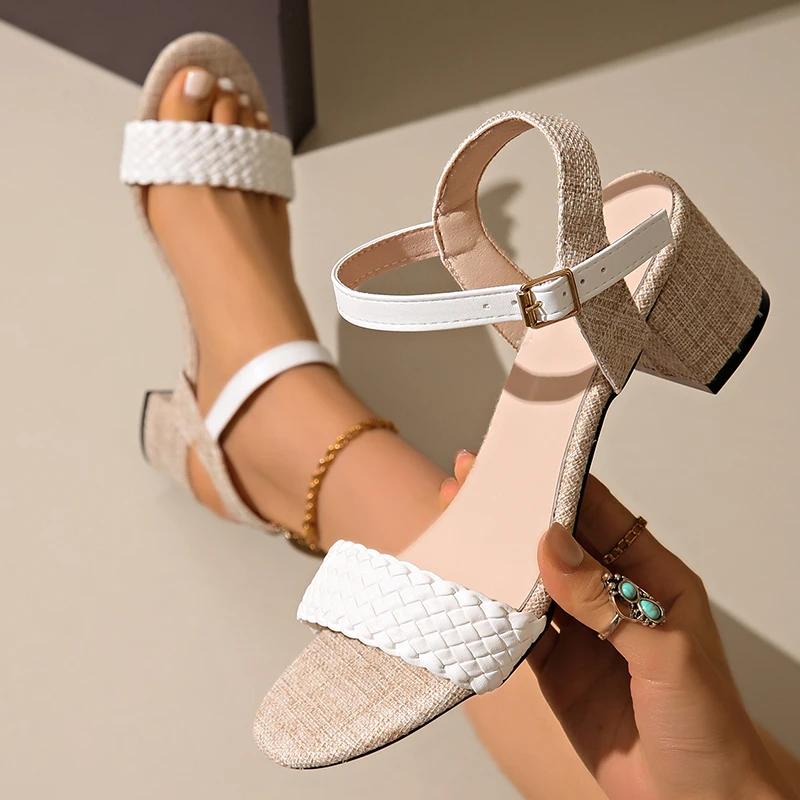 Fashion Fashion Briaded Square Heels Sandals Women 2025 Summer New Mix Color Buckle Strap High Heels Sandals Woman Holiday Beach Shoes