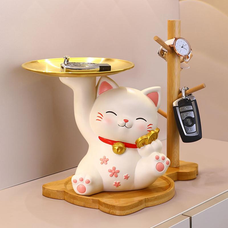 Lucky Cat Figurine with Bamboo Tray Stand, Resin Maneki Neko Decorative Storage Holder Key Plate Doorway Centerpiece