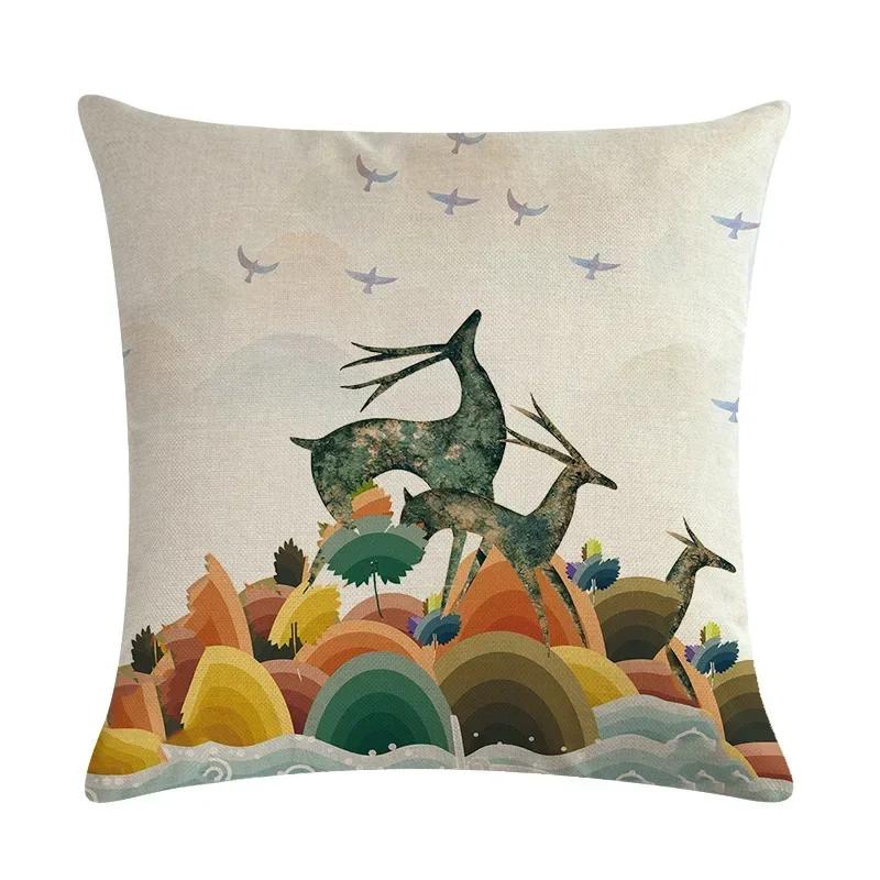Nordic Cartoon Moose Art Oil Painting Linen Cushion Cover Living Room Sofa Car Decoration Furniture Pillow Cover 45*45Cm