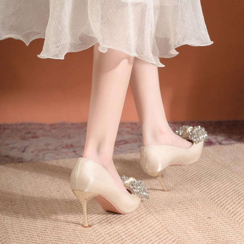 Fashion Spring 2025 New Rhinestone Bow Pointed Toe High Heels Lady Ladies Sweet French Stiletto Single Shoes