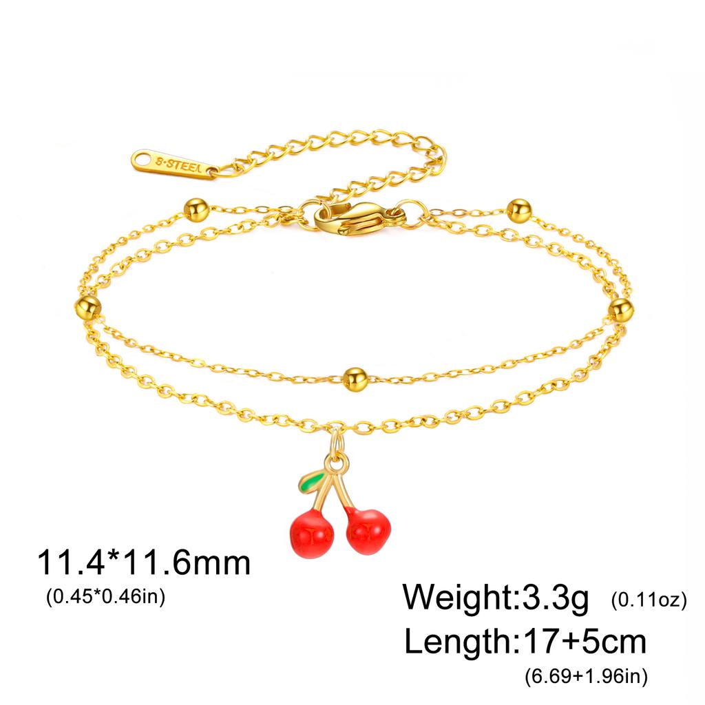 Cazador Enamel Red Cherry Charm Bracelet For Woman Stainless Steel Double Layer Beads Chain Fashion Fruit Jewelry Gift