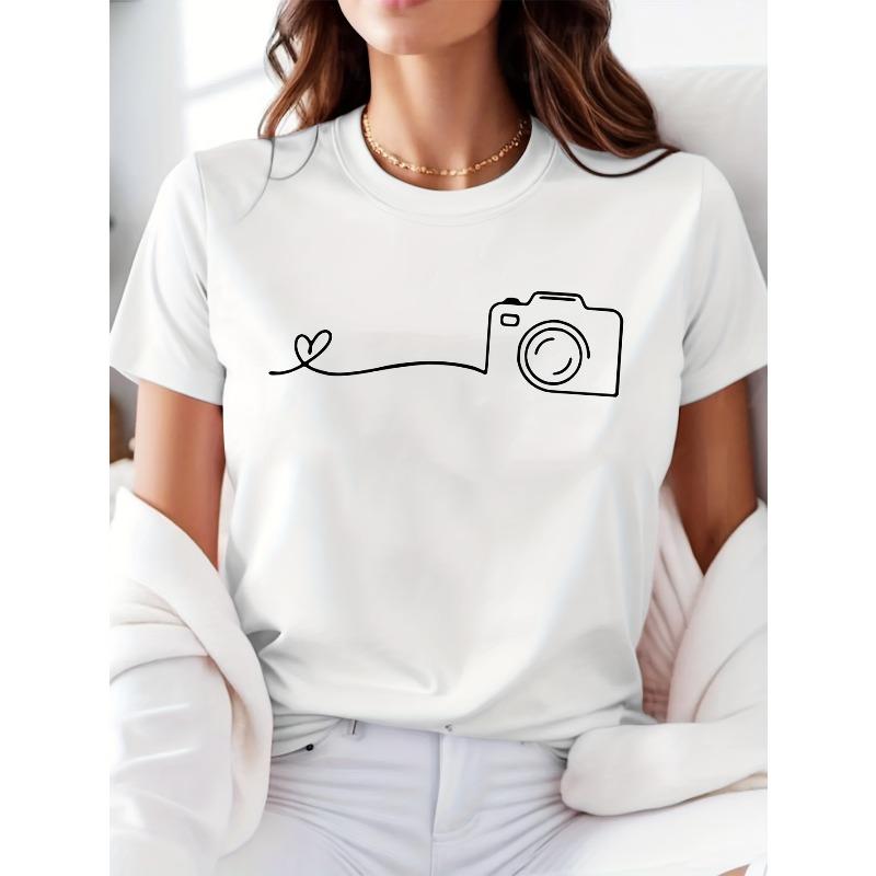 European Size Geometric Heartbeat Camera Pattern Printing, Short Sleeve Crew Neck Casual Top for Summer & Spring, Women's Clothing-pet Lover