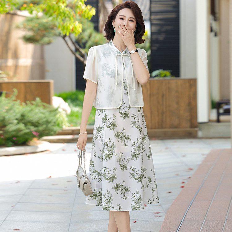 Elegant Loose-Fit Chiffon Dress with Wide-Leg Skirt for Middle-Aged and Elderly Women