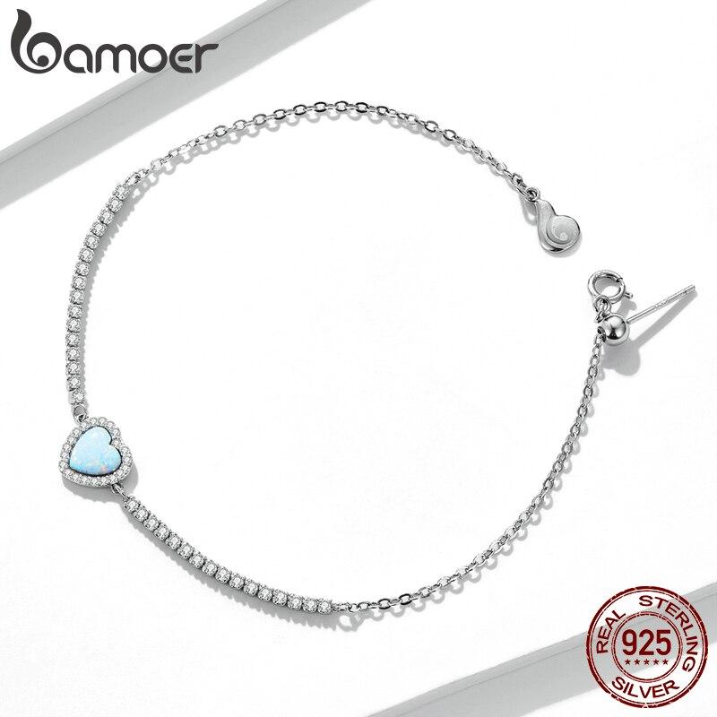 BAMOER Neue Ankunft Authentische 925 Sterling Silber Opal Herz-Förmigen Anhänger Armband Fit Frauen Sterling Silber Schmuck Geschenk