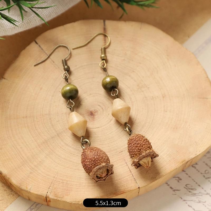 Original Pflanze Frucht Wald Ohrringe Natürliche Eichenfrucht Handgefertigt Retro Langer Stil Ethnisch Literarisch Traditionelle Ohrringe