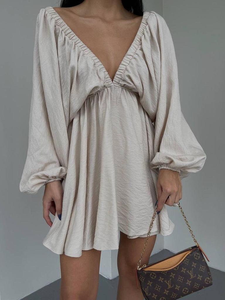 New V-Neck Long Sleeve Dress, Self-Designed Bubble Sleeve Maxi Dress