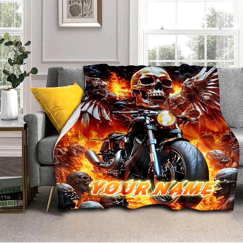 1PC Custom Name Biker Spirit: Fire Wings flannel blanket versatile,all-season throw suitable for the living room,bedroom,camping,travel,and gift