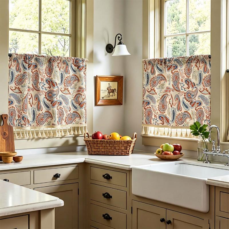 1PCS Rodless Bohemian Patterned Kitchen Half Curtain Cashew Patterned Coffee Curtain Toilet Curtain Retro Tassel Decoration for Dust and Ugliness