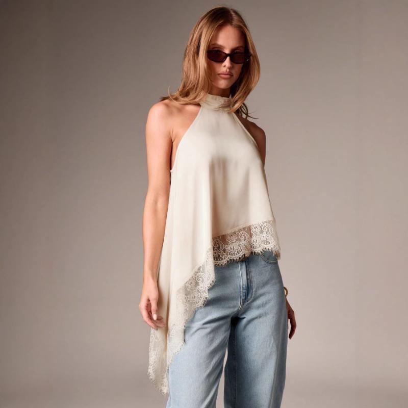Women Summer Sleeveless Halter Top Satin Lace Trim Asymmetrical Hem Blouse