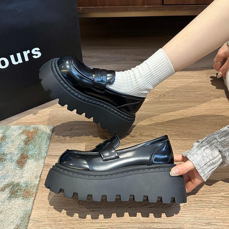 Platform Women's New Shorty Le Increases the Height of British Small Leather Shoes, Black One-pedal Single Shoes