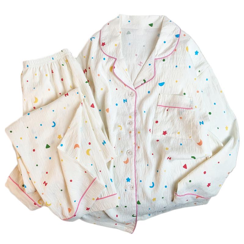 Fashion Simple Star Polka Dot Cloud Cotton Pajamas Women'S Long-Sleeved Trousers Autumn Loungewear Set Real Shot