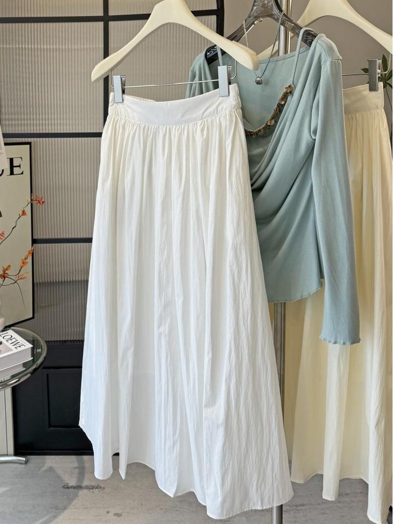 2026 New Women's Pleated Elastic Waist A-line Midi Skirt - High Waist, Slimming, Textured Design for Spring/Summer