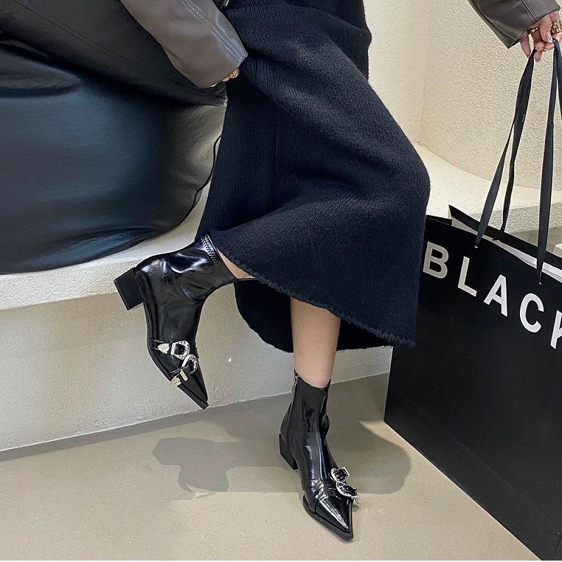 Women's Ankle Boots Short Barrel Shoes Woman Trend Black Luxury Middle Heels Pointed Toe New Rock Comfortable Stylish On Sale