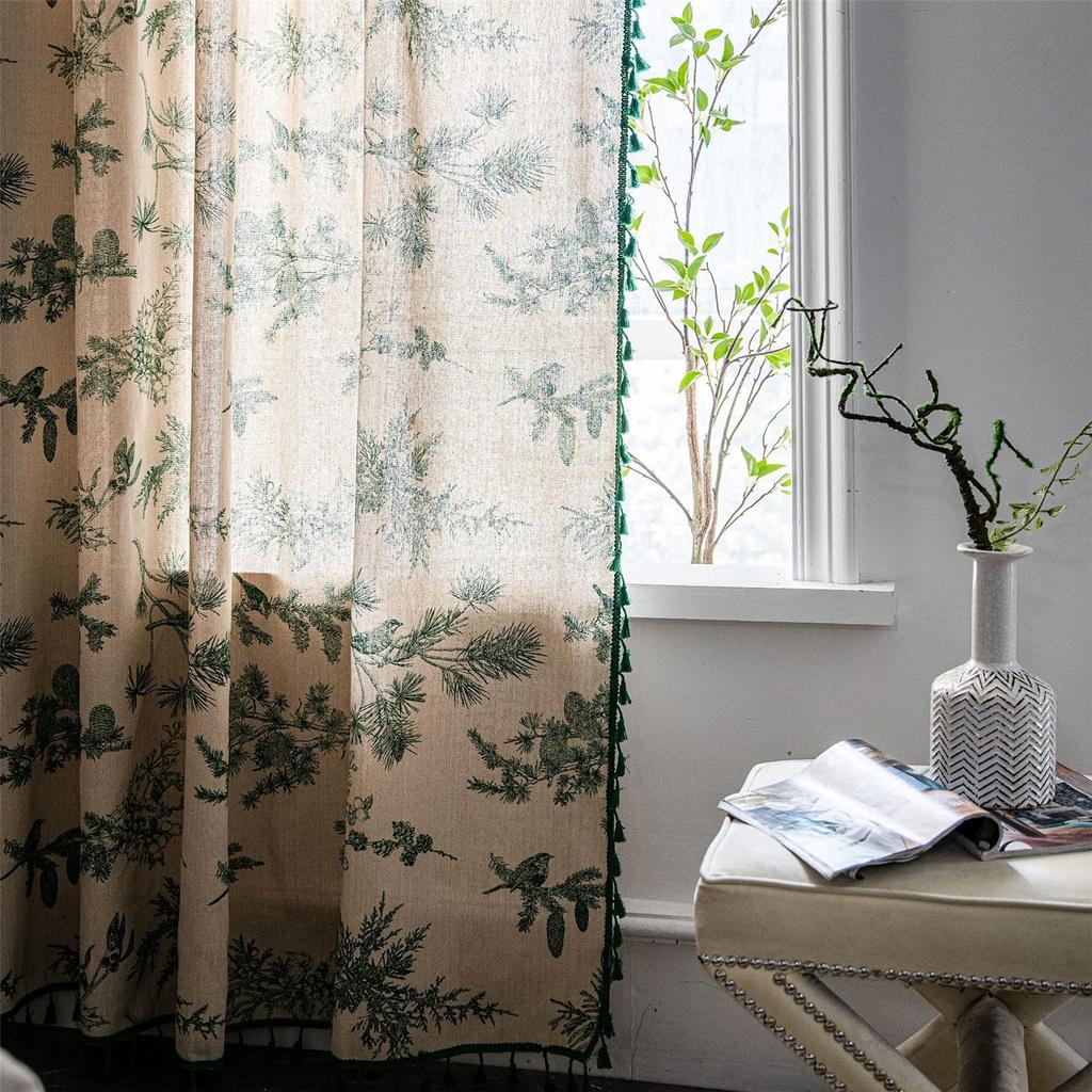 Cortina Boho para Dormitorio, Algodón Lino Estampado Bolsillo para Barra Semi Opaca Estilo Granja Borlas Cortina para Ventana para Sala de Estar