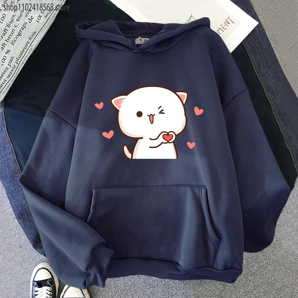 Women Hoodies Kawaii Peach Cat Cartoon Print Sweatshirt Mochi Heart Love Winter Cartoon Sudadera Clothing
